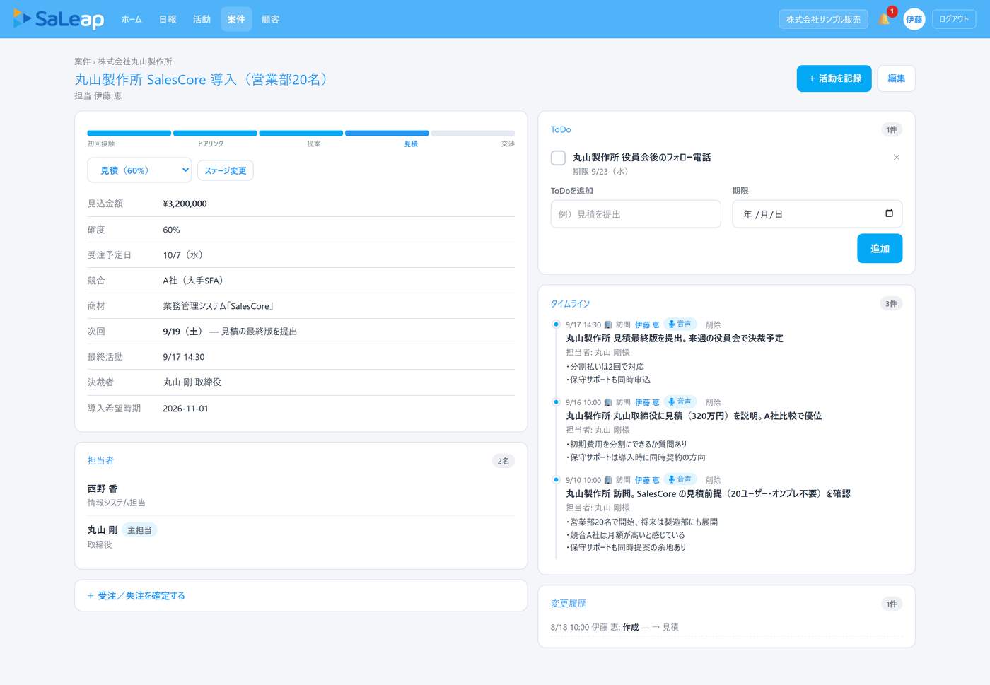 SaLeapの案件詳細画面。ステージ・見込金額・確度・次回アクションと、ToDo・活動のタイムラインが並ぶ