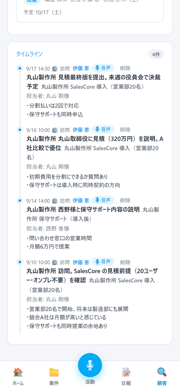 顧客のタイムラインに訪問履歴が時系列で並ぶ画面