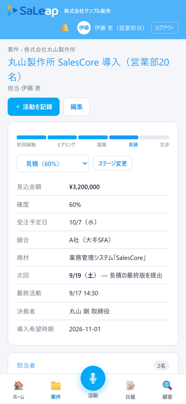 案件詳細の画面。ステージが見積に進み、金額・確度・次回アクションが更新されている