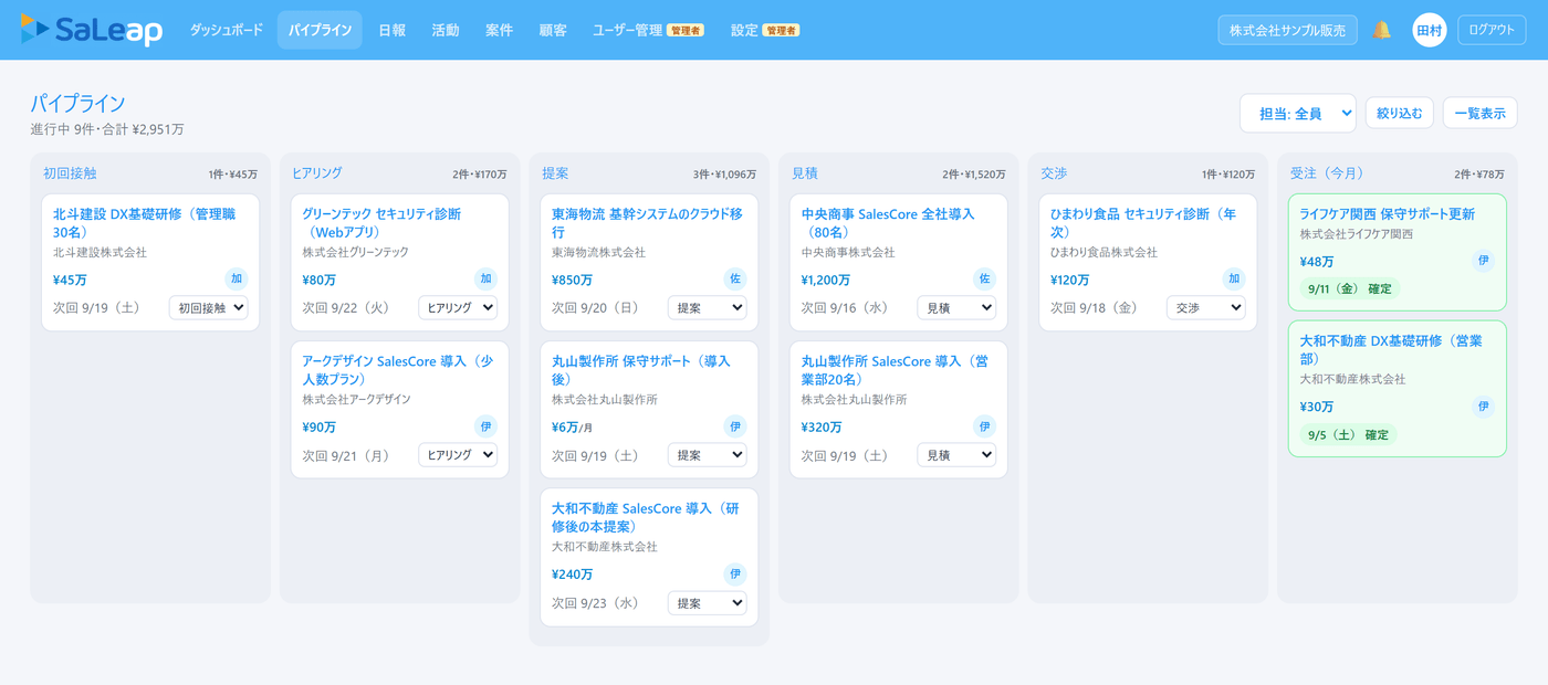 パイプライン画面。ステージ別のかんばんで案件が並ぶ